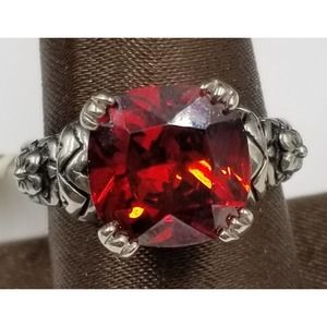 Stainless Steel Red Crystal Cushion Faceted Cut Stone Ornate Cocktail Ring S 9